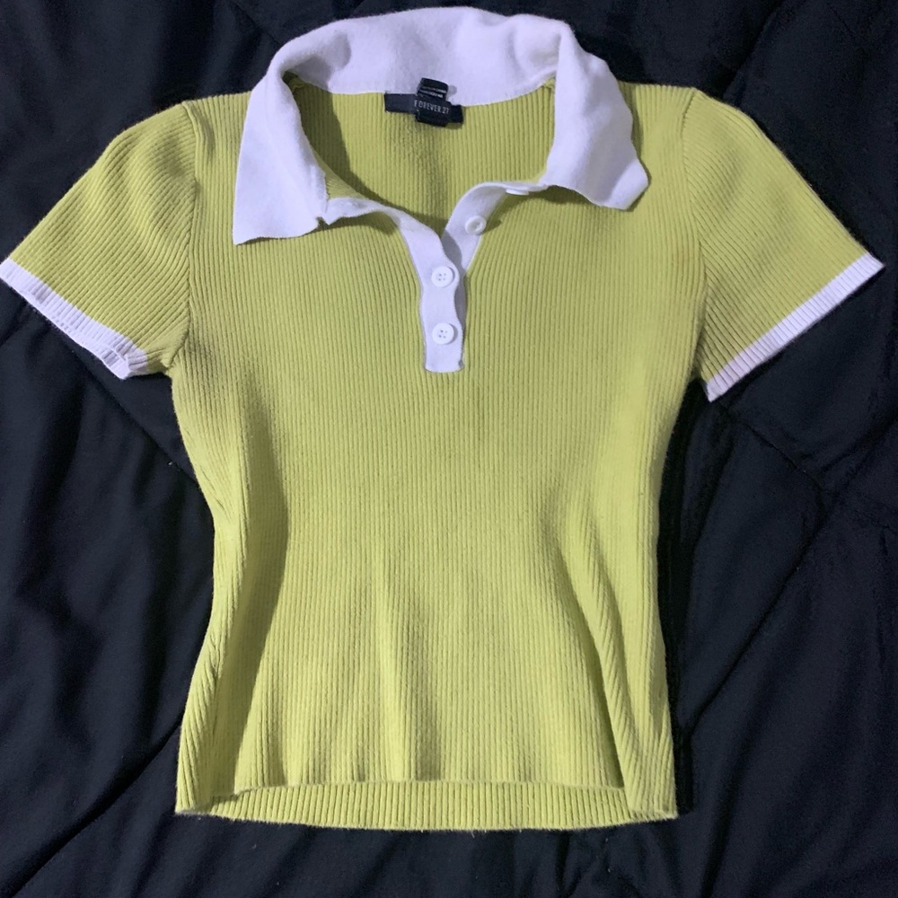 Green Ribbed Polo Collar Top